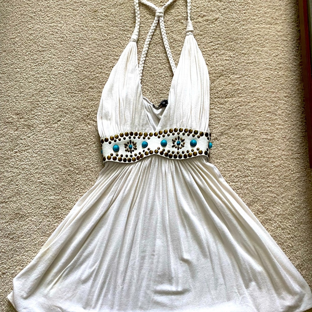 Sky halter top with leather, stud, and turquoise waist